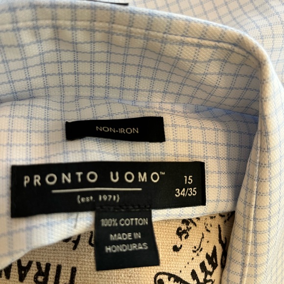 NWT Pronto Uomo size 15 34/35 Non-Iron Blue & White Dress Shirt Men’s Warehouse - Picture 5 of 7